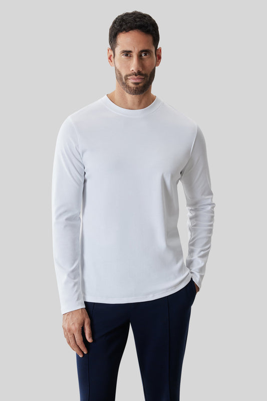 Men's Pima Cotton Long Sleeve Crew Neck T-Shirt in White | Robert Barakett Essential