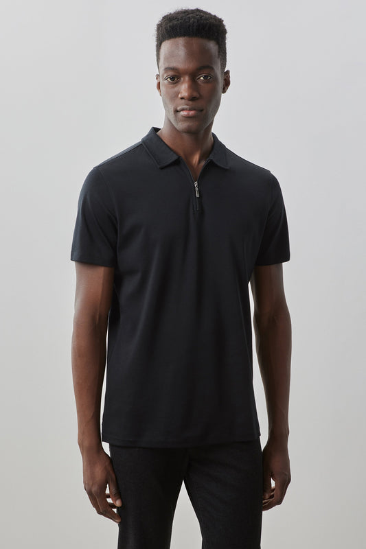 Men's Pima Cotton Short Sleeve Zipper Polo in Black | Robert Barakett Premium