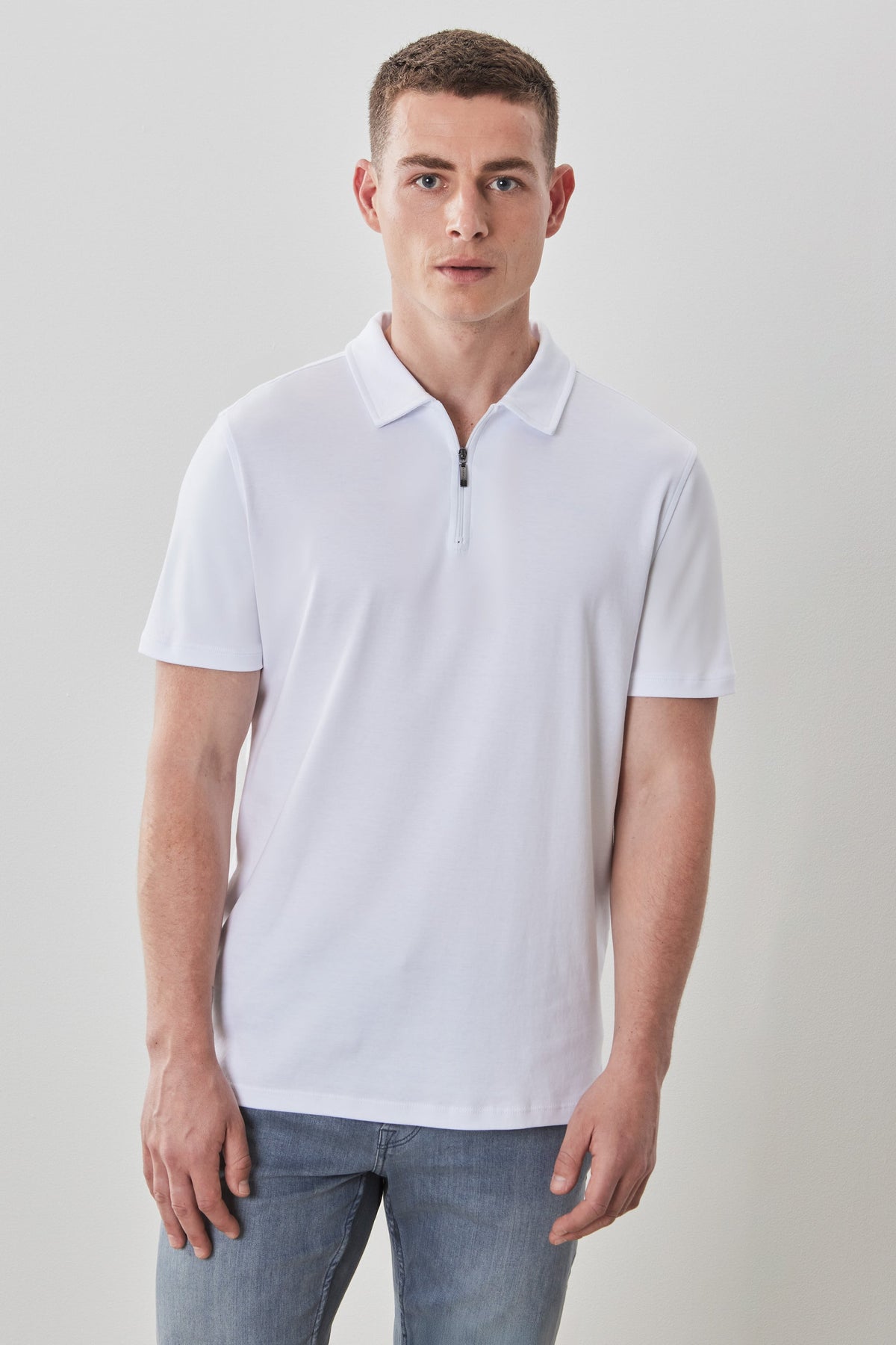 Men's Pima Cotton Short Sleeve Zipper Polo in White | Robert Barakett Signature