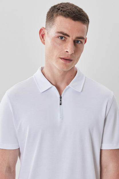 Men's Pima Cotton Short Sleeve Zipper Polo in White | Robert Barakett Signature