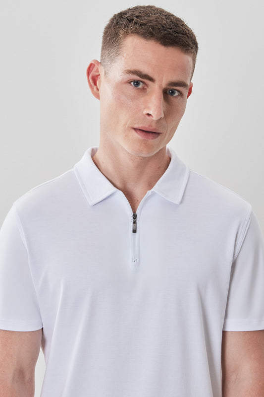 Men's Pima Cotton Short Sleeve Zipper Polo in White | Robert Barakett Signature