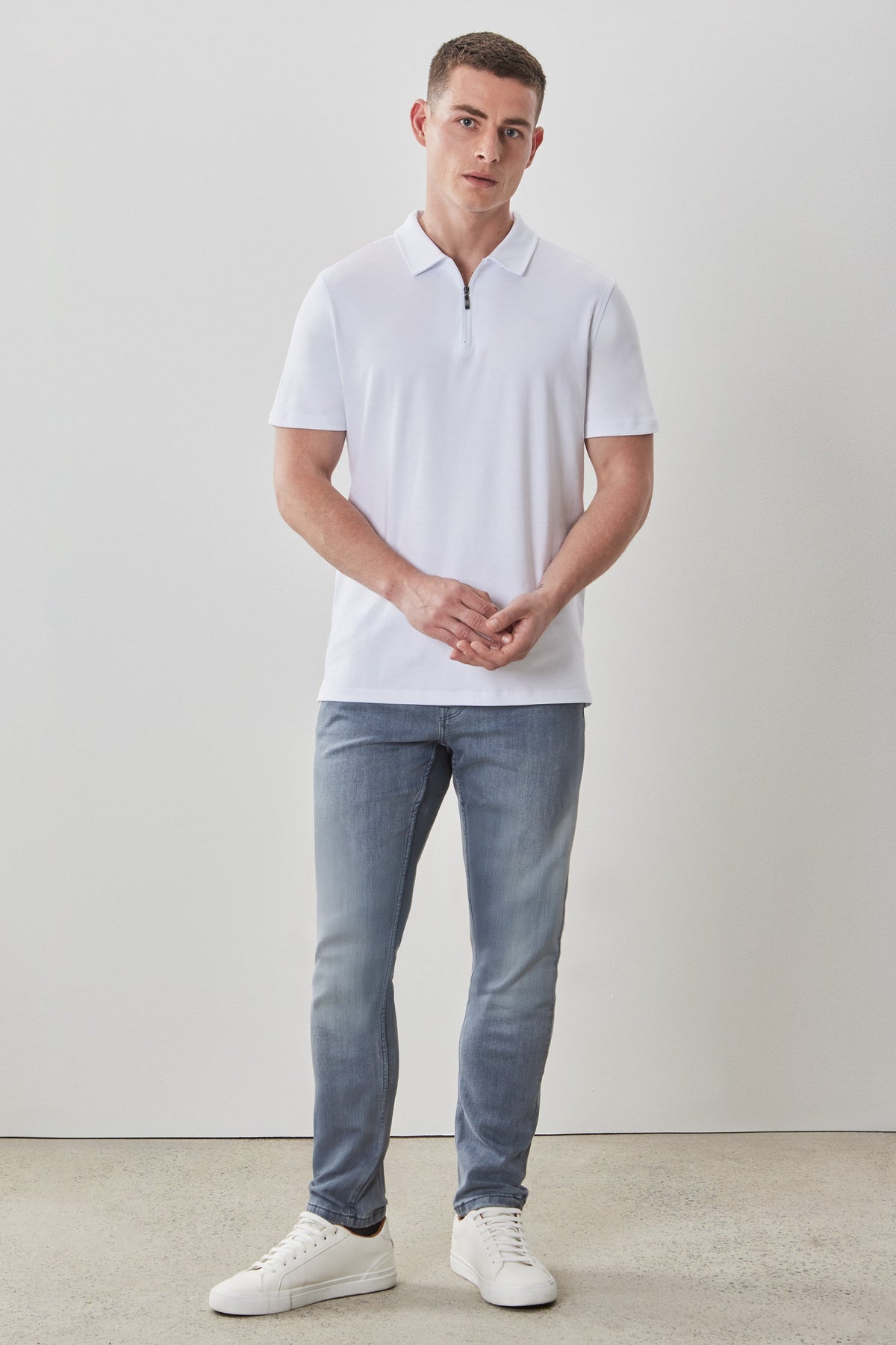 Men's Pima Cotton Short Sleeve Zipper Polo in White | Robert Barakett Signature
